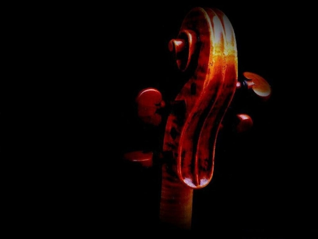 a close-up view of the scroll of a violin, the intricately carved, spiral-shaped part at the top of the instrument's neck. The background is black, which serves to highlight the instrument. The scroll is a reddish-brown color with lighter highlights, giving it a sense of depth and texture.